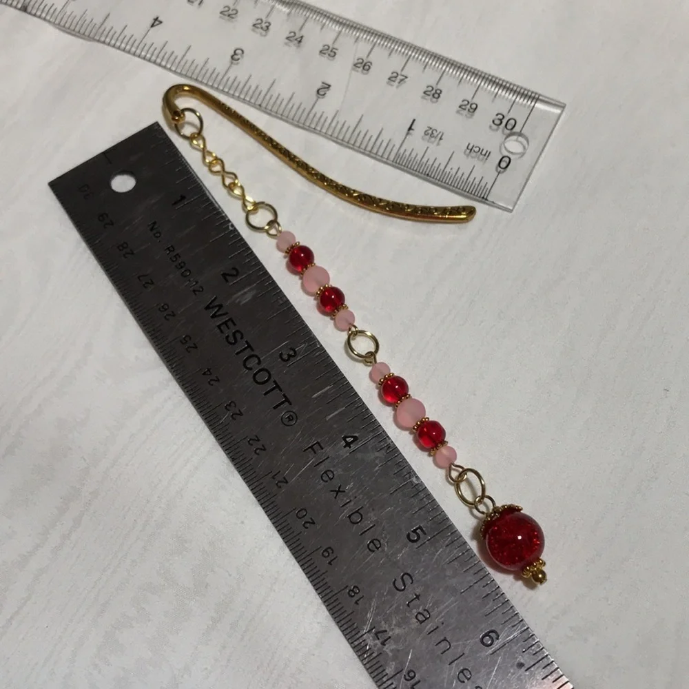 Metal Shepherds Hook Bookmark w/Chain, Red&Pink Glass Beads, & Goldtone Findings